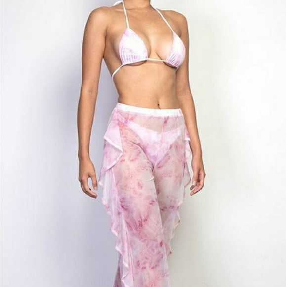 Three Piece Tie Dye Ruffled Pants & Bikini Set - Picture 1 of 7